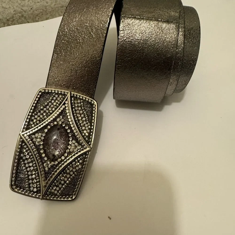 Chico's Black Belt with Decorative Silver-Tone Beaded Buckle